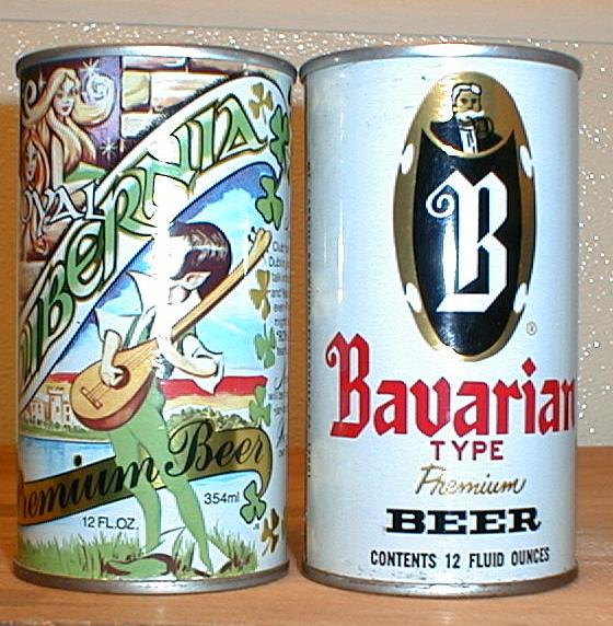 Hibernia and Bavarian Beer cans